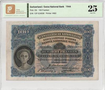 2026三月第二期，总219期 - 瑞士1944年100法郎TQG25分 经典的割麦子图案