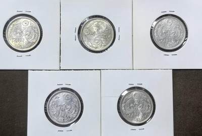 北京马甸外国币专卖第149期，外国币专场，陆续上拍，欢迎关注 - 好品相日本双凤五十钱银币5枚，每枚4.95克，成色：725