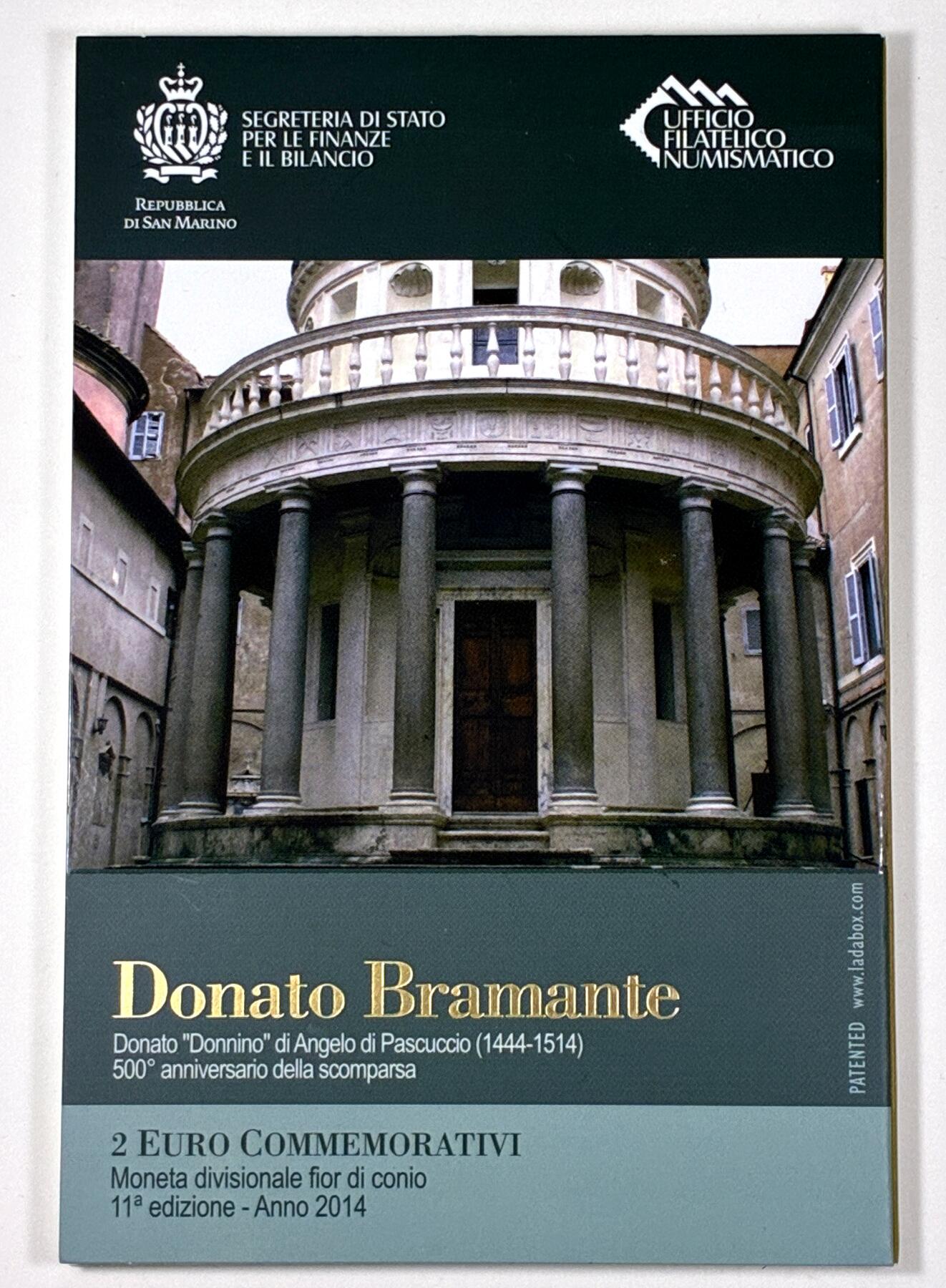 【雨安】【直播拍卖】【第0127期-裸币套币】2026-03-13 周五 19:30 (金价1140, 银价21.50) [现代装帧] San Marino 欧元 圣马力诺 2欧元 2014年 设计师多纳托·伯拉孟特逝世500周年