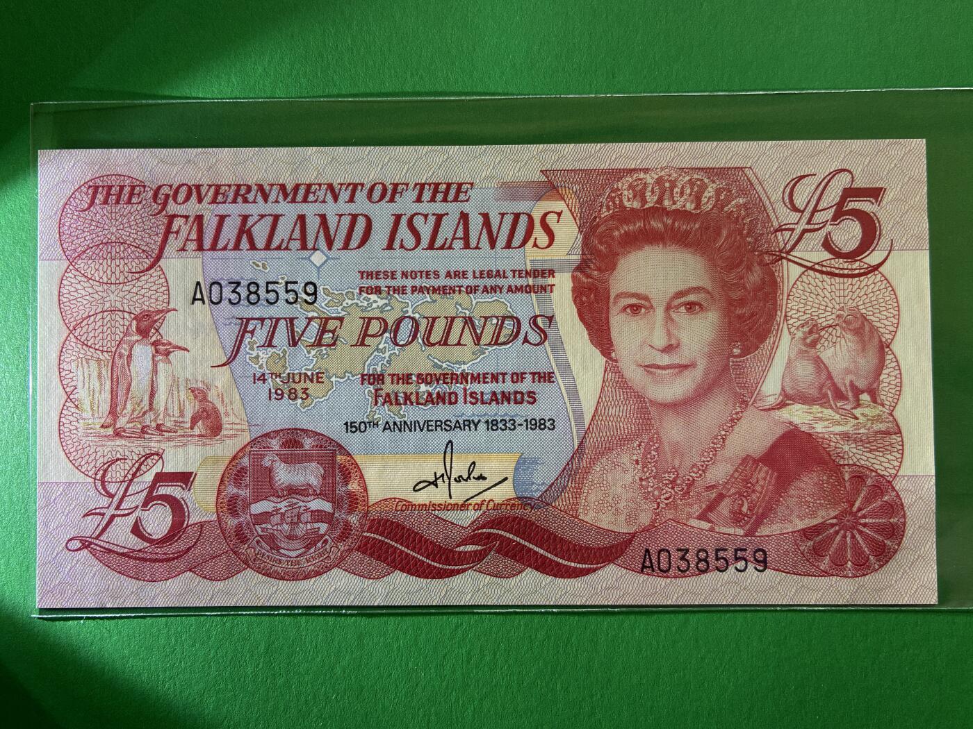 咖啡豆•收藏 2026年Mar_19th世界各国纸币拍卖 福克兰群岛 1983年 5镑 全新UNC 外国 欧洲纸币