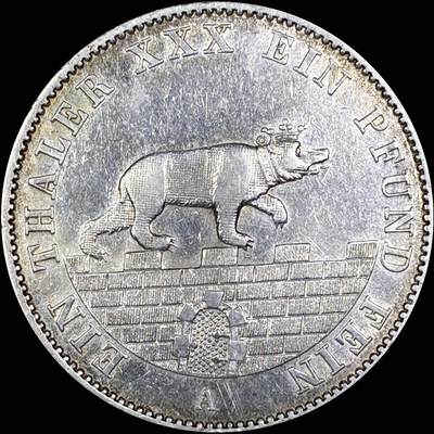 【雨安】【直播拍卖】【第0127期-裸币套币】2026-03-13 周五 19:30 (金价1140, 银价21.50) - [裸币德国] Germany 德国 德意志 1泰勒 Anhalt-Bernburg安哈特 Thun.006 KM#0088 (1861-1862) 小熊爬墙.小版 1862年