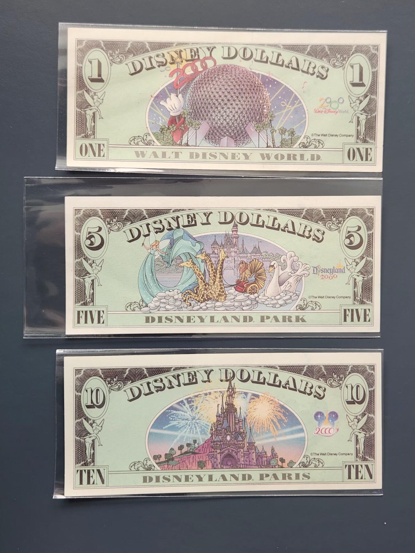 3月14号晚上8点 外国纸币自动截拍第38场 迪士尼2000年1-5-10元 新品一套