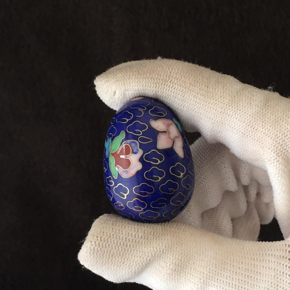         出口创汇时期蓝色铜胎掐丝珐琅磨光景泰蓝吉祥如意鸡蛋小摆件美品1对2只真品如图摆件旧藏文玩艺术收藏