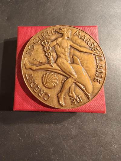 老王徽章第187期 - 法国马赛信贷银行100周年大铜章    原盒    高浮雕   直径58mm    重量126.5g