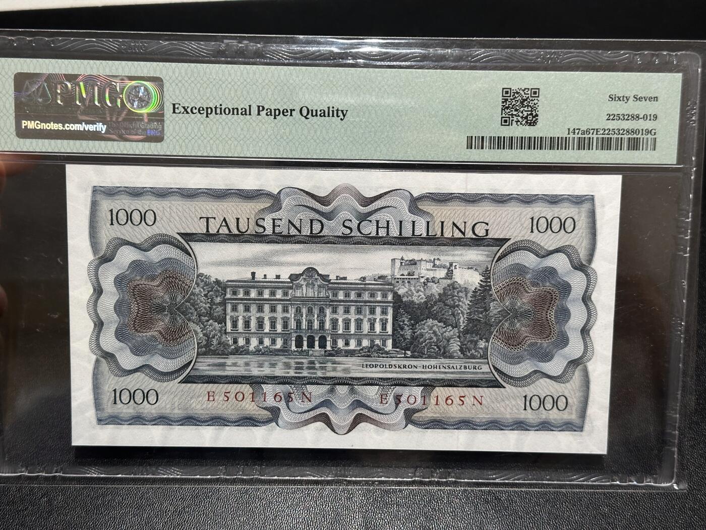 《外钞收藏家》第六百一十七期（精选场）（长期征集拍品、欢迎藏友们联系合作） 1966年奥地利1000先令 苏特那 PMG67 无47靓号