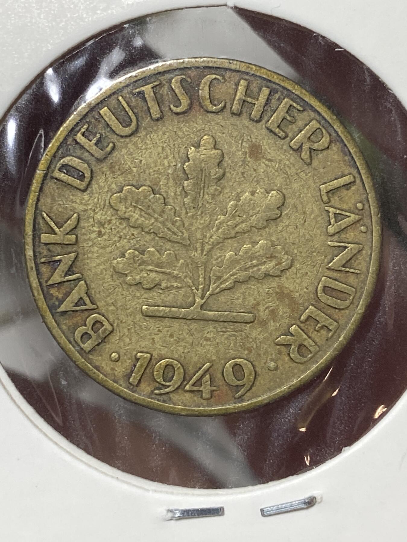 2026年第三十五场(总第二百零四场）外国精品纸夹币场(免佣金) 德国🇩🇪1949年10芬尼(二战后首套流通硬币，Bank银行版，G标卡尔斯鲁厄造)