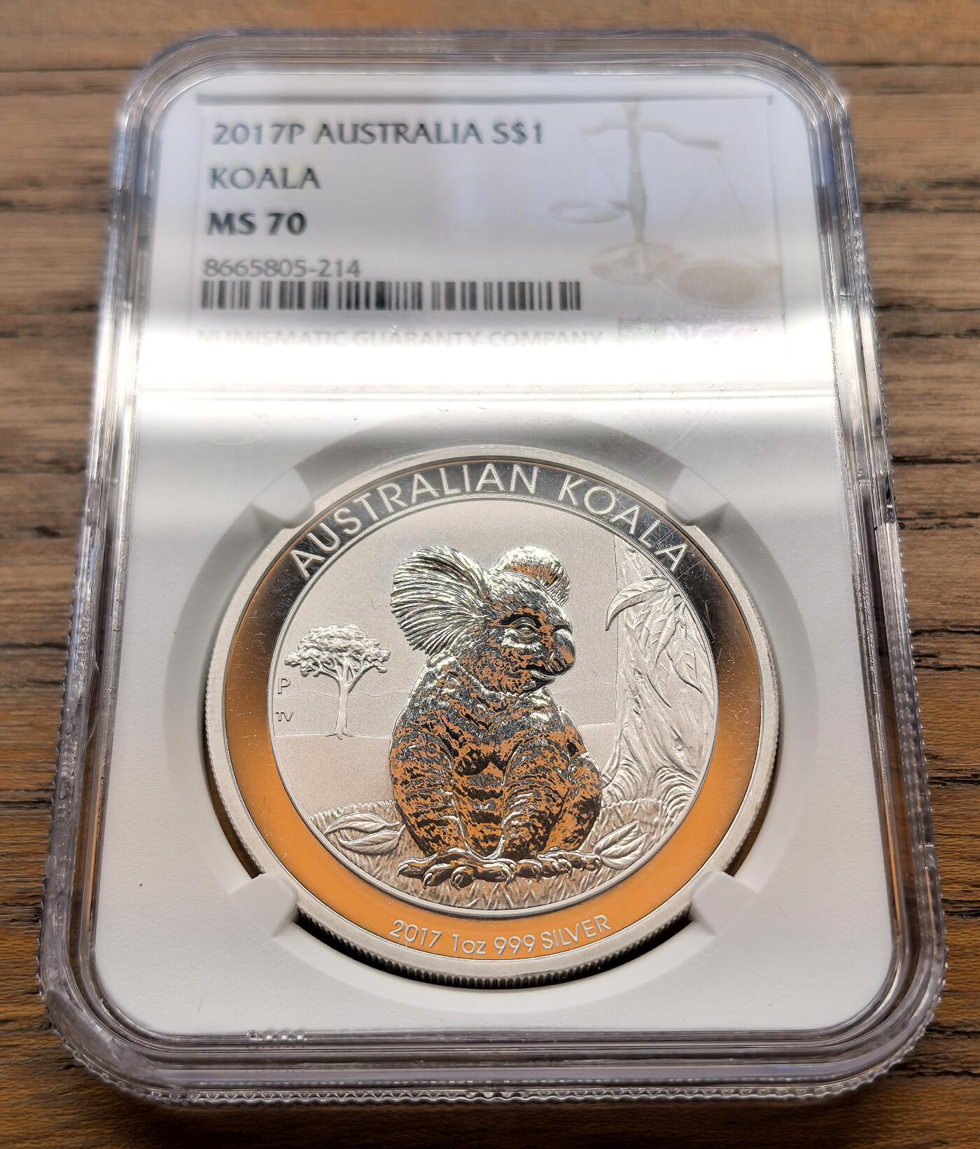 凡希社世界钱币微拍第三百二十一期 2017P澳大利亚考拉投资银币1盎司NGC-MS70，工艺精美，最受欢迎的澳洲投资银币之一。