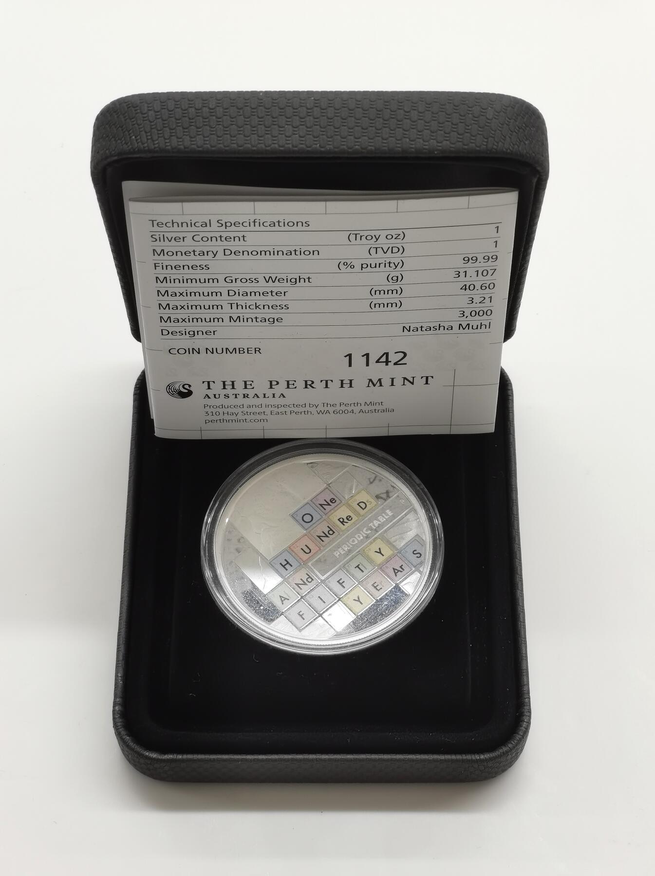 博洋堂世界钱币拍卖第164期（全场包邮） 图瓦卢2019年1元彩色精制银币 元素周期表发明150周年 1盎司9999银 发行量：3千 盒证全 澳大利亚珀斯制造