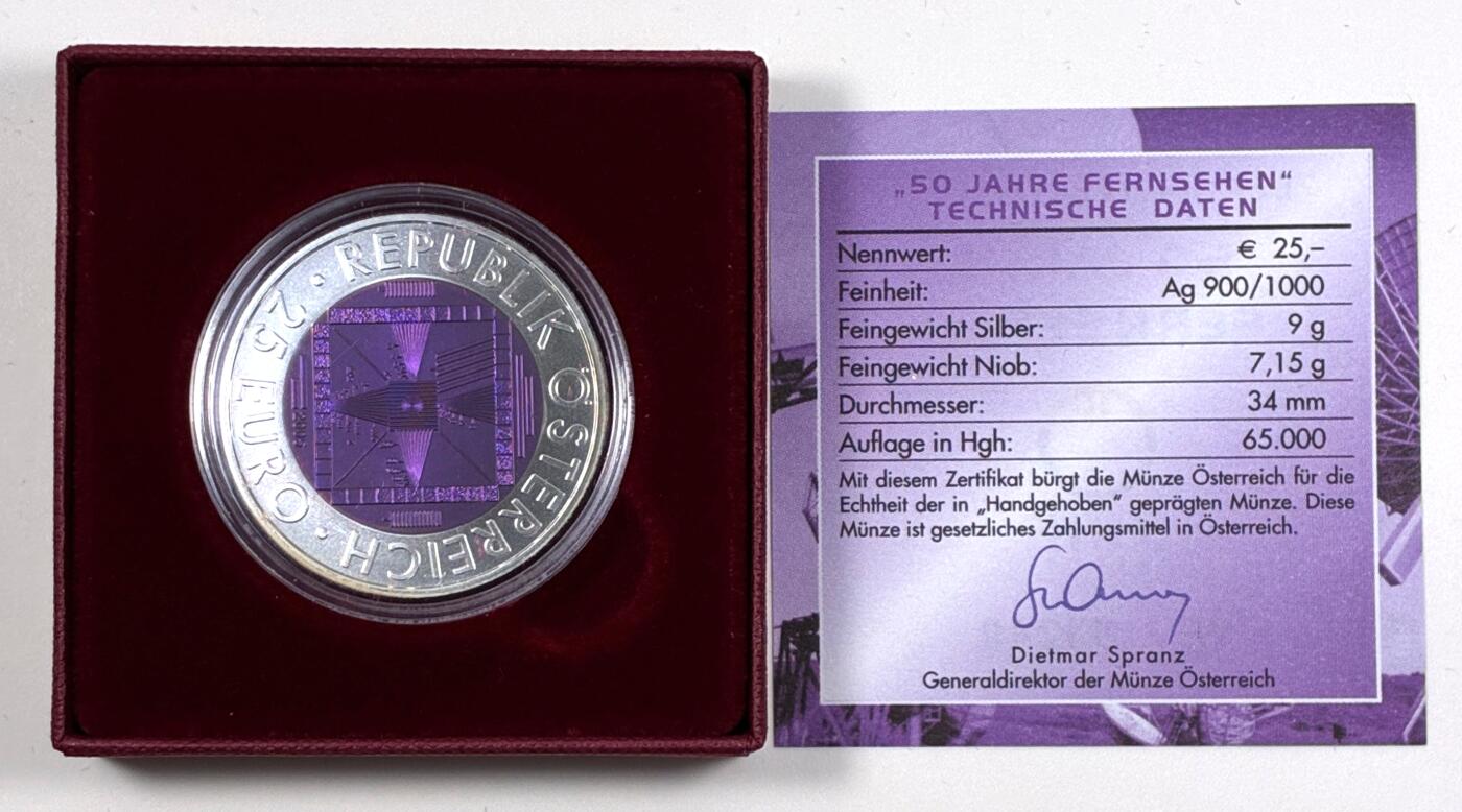 【雨安】【直播拍卖】【第0127期-裸币套币】2026-03-13 周五 19:30 (金价1140, 银价21.50) [现代装帧] Austria 欧元 奥地利 25欧元 2005年 电视技术发展50年 铌芯银币