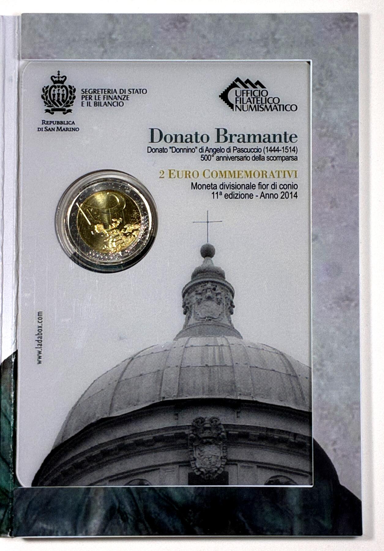 【雨安】【直播拍卖】【第0127期-裸币套币】2026-03-13 周五 19:30 (金价1140, 银价21.50) [现代装帧] San Marino 欧元 圣马力诺 2欧元 2014年 设计师多纳托·伯拉孟特逝世500周年