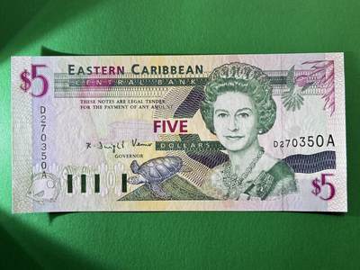 咖啡豆•收藏 2026年Mar_19th世界各国纸币拍卖 - 东加勒比 安提瓜和巴布达 1994年 5元 全新UNC 外国 美洲纸币 女王钞