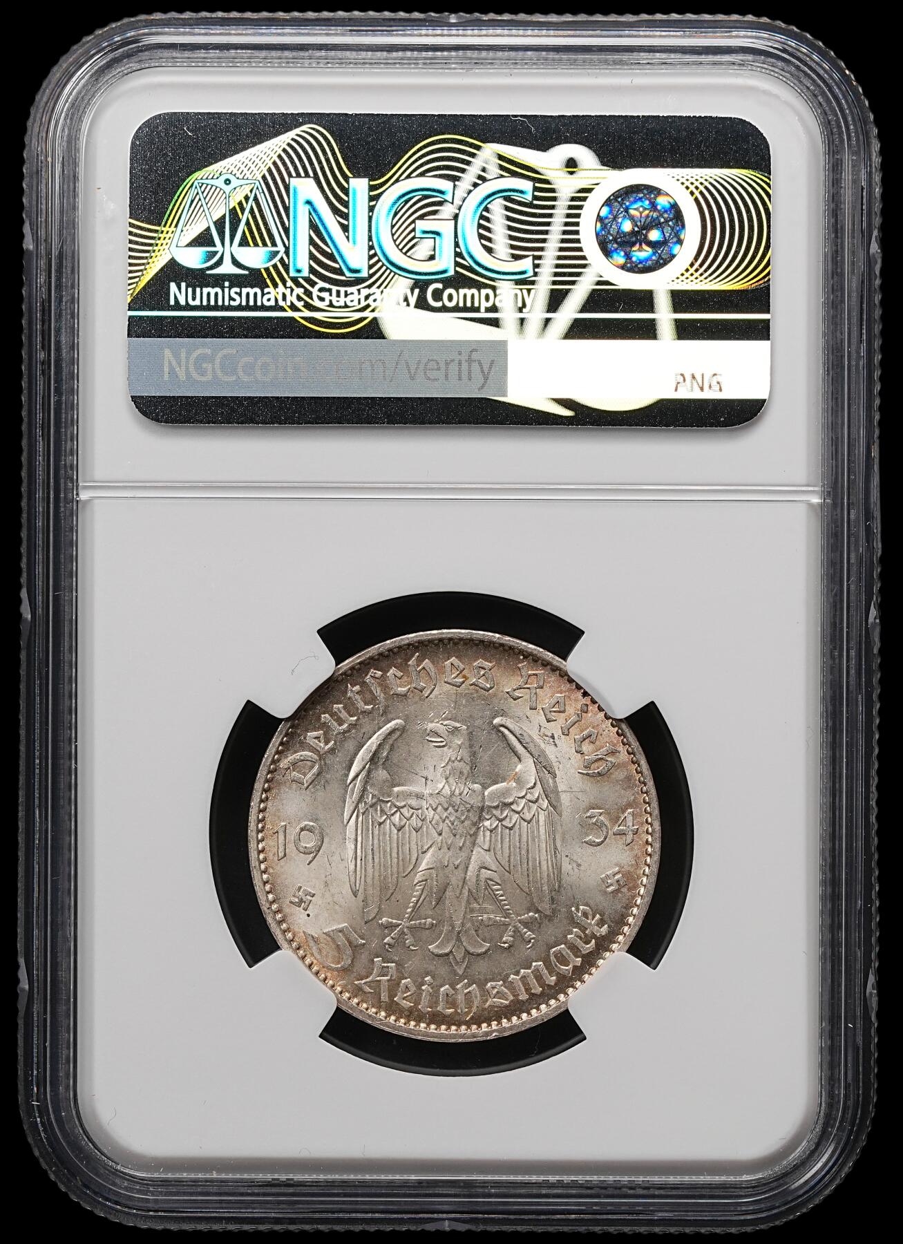 修遠堂世界钱币第107期 NGC MS62 1934年德国教堂5马克银币，E厂铭