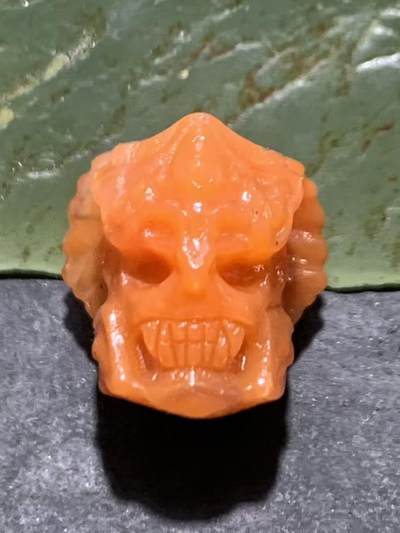 精美川料柿子红南红玛瑙雕刻骷髅珠一个， - 精美川料柿子红南红玛瑙雕刻骷髅珠一个，