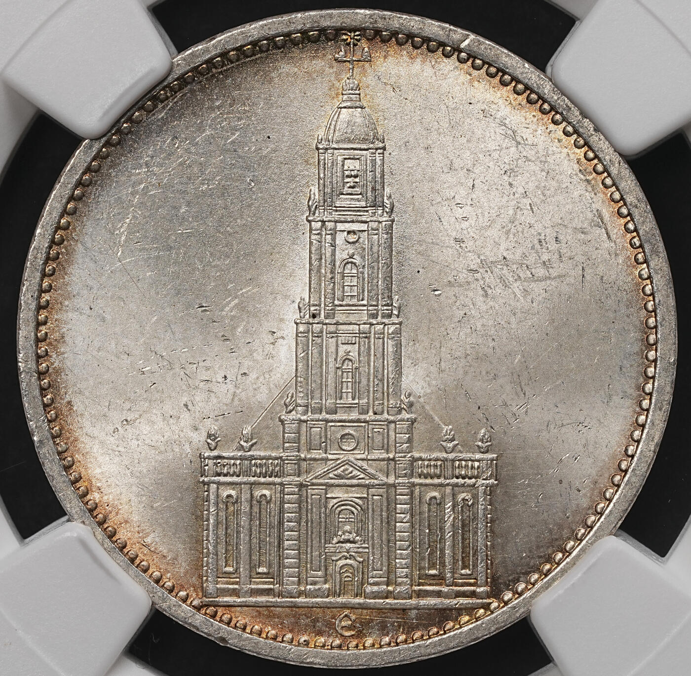 修遠堂世界钱币第107期 NGC MS62 1934年德国教堂5马克银币，E厂铭