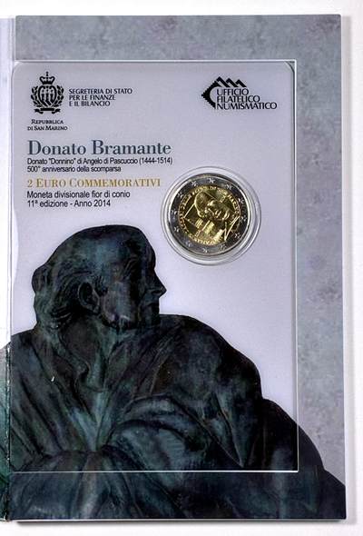 【雨安】【直播拍卖】【第0127期-裸币套币】2026-03-13 周五 19:30 (金价1140, 银价21.50) - [现代装帧] San Marino 欧元 圣马力诺 2欧元 2014年 设计师多纳托·伯拉孟特逝世500周年