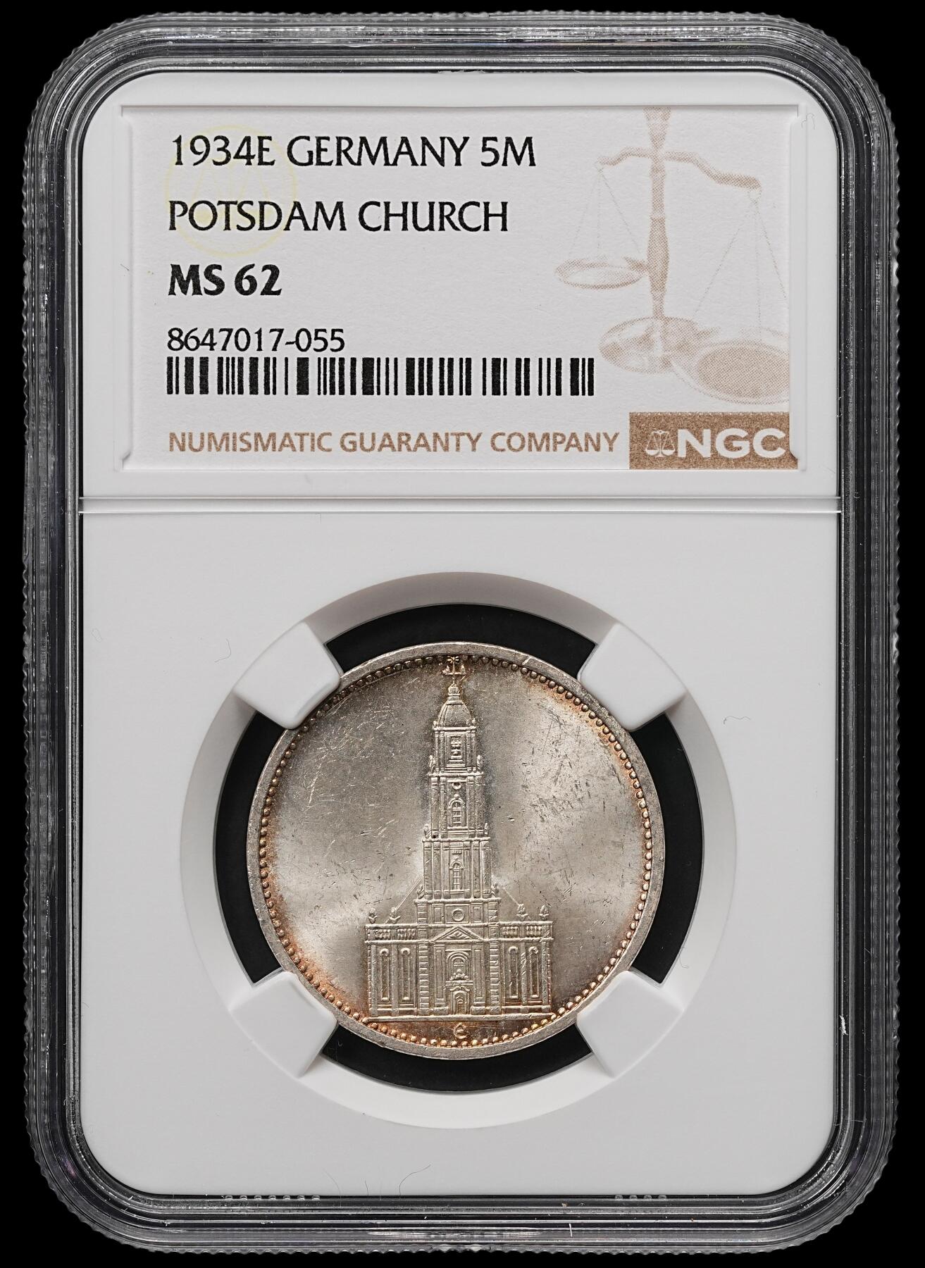 修遠堂世界钱币第107期 NGC MS62 1934年德国教堂5马克银币，E厂铭