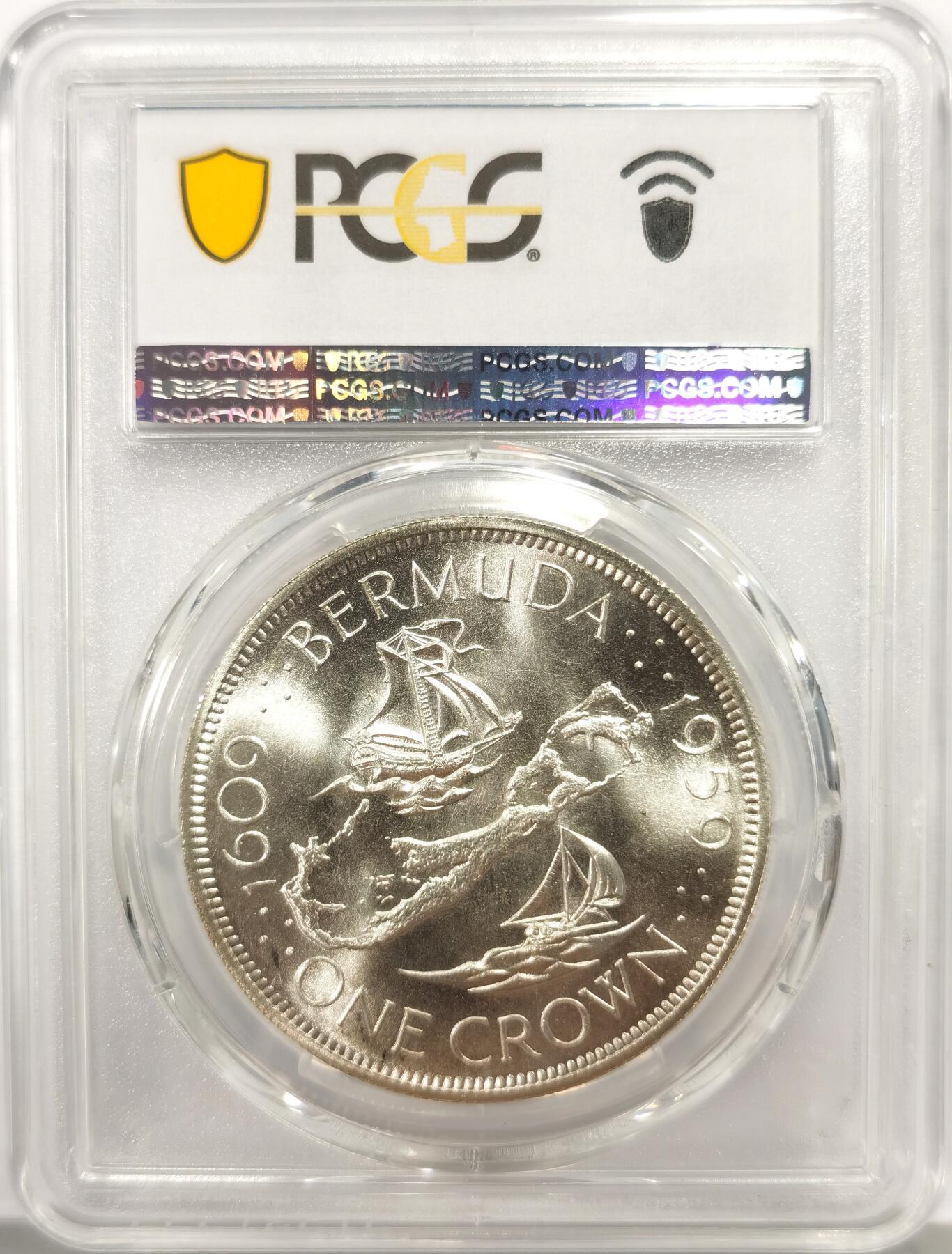 博洋堂世界钱币拍卖第164期（全场包邮） PCGS MS67 英属百慕大1959年伊丽莎白二世发现百慕大350周年1克朗纪念银币-1