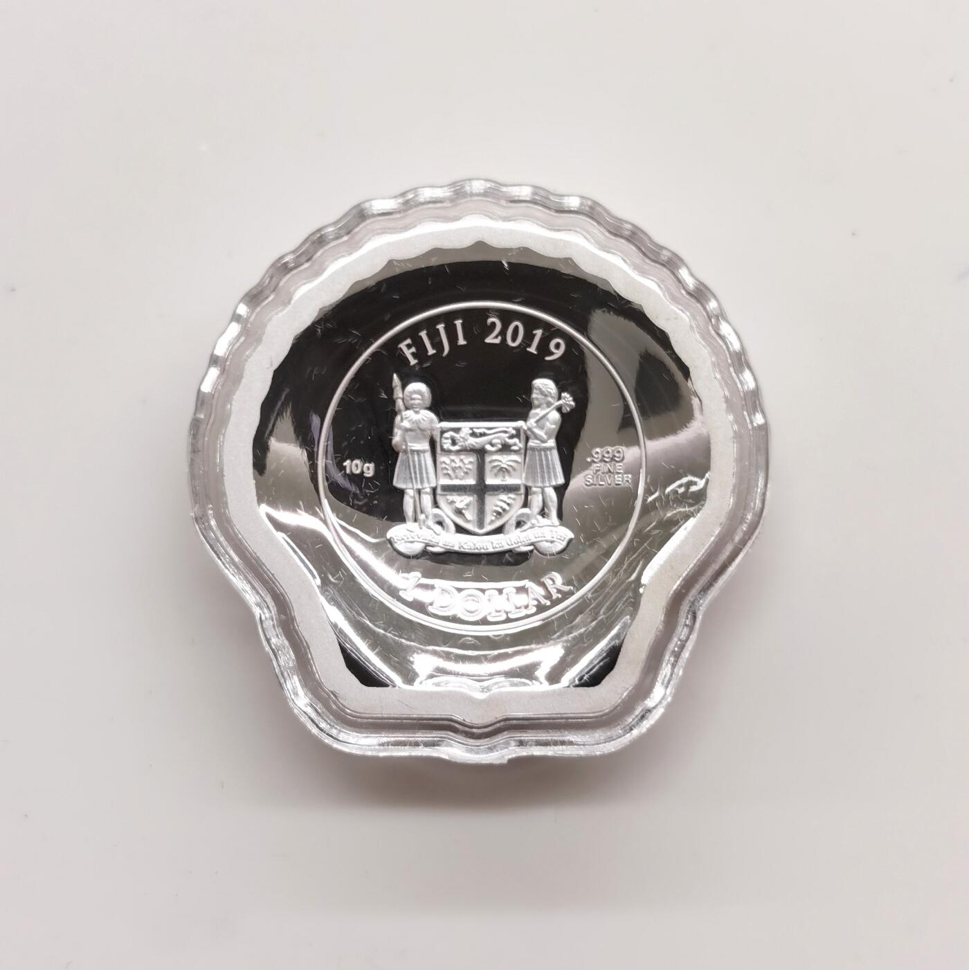 博洋堂世界钱币拍卖第164期（全场包邮） 斐济2019年1元彩色异形银币 扇贝 10克999银 发行量：1万 盒证全