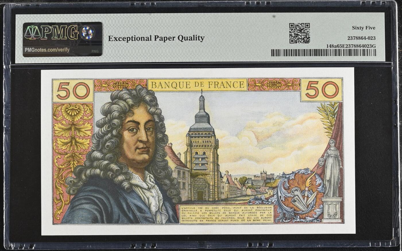 《艾美收藏》第236期-3.15周日外币畅拍 法国1964年50法郎PMG65E原票绝品 法属拿上分 Pick#148a初版第一签名少见 法国剧作家拉辛