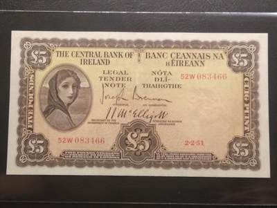 2026三月第二期，总219期 - 爱尔兰1951年5镑AUNC，早期下方有英爱两国货币互换协议的版本，爱尔兰人格化象征“拉维利夫人”