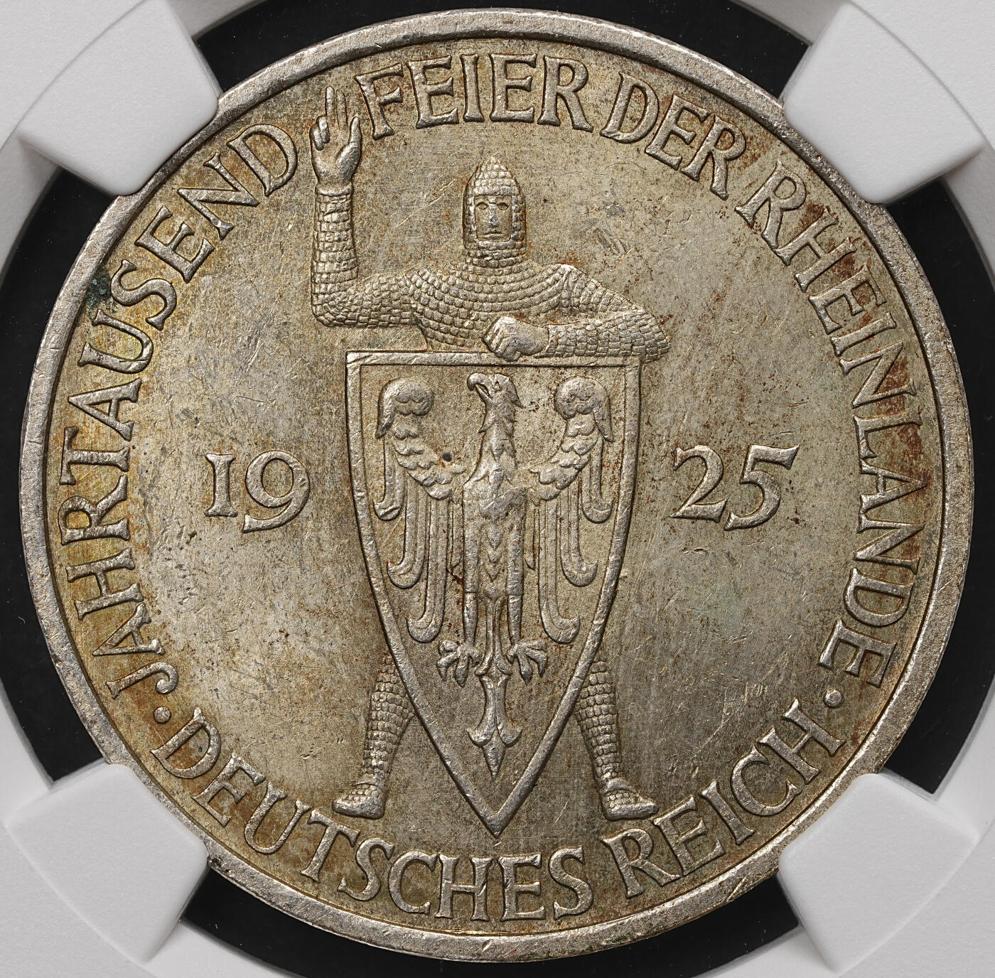 修遠堂世界钱币第107期 NGC MS62 1925年德国魏玛政府-莱茵兰千年纪念5马克银币，E厂铭