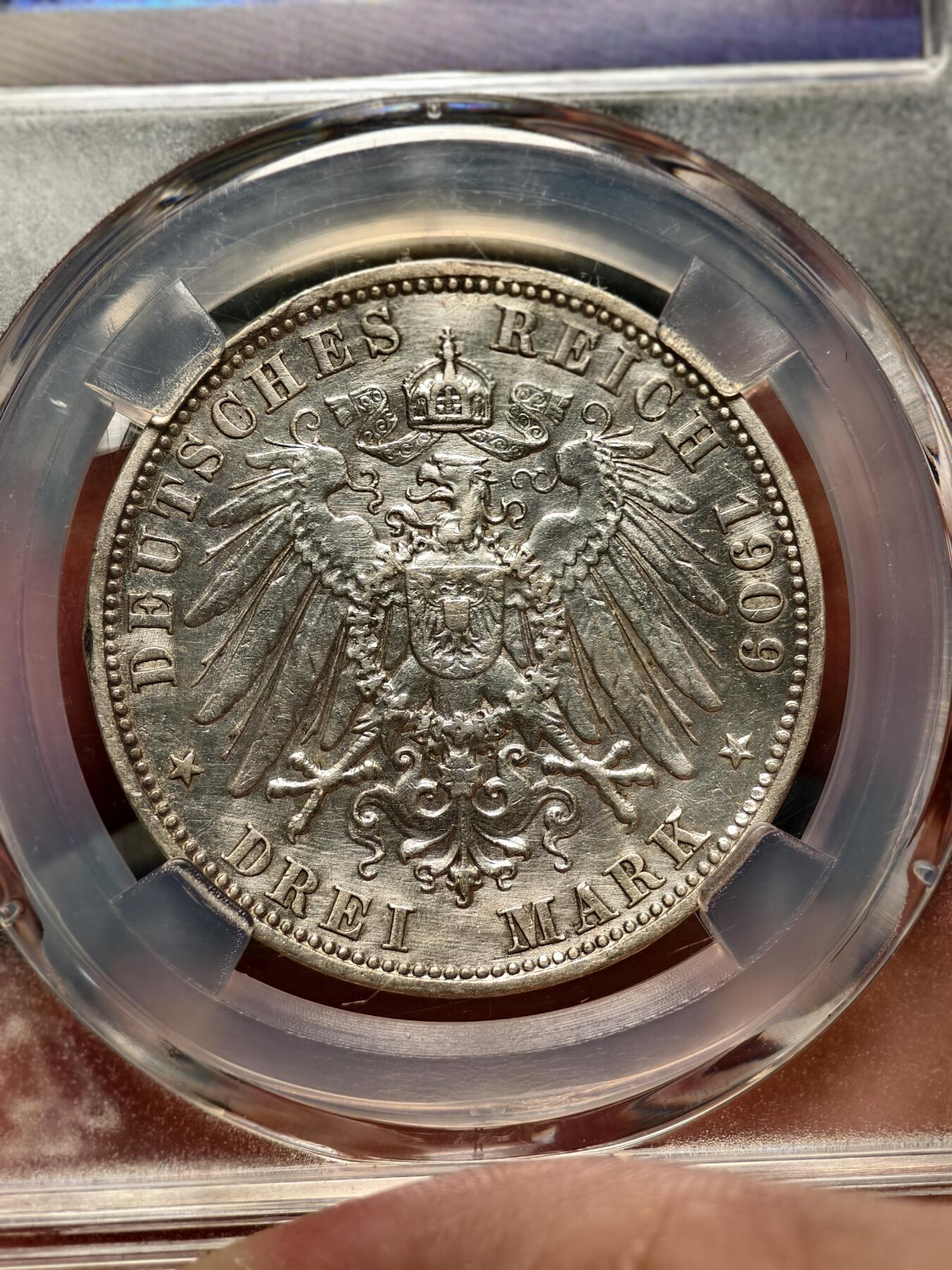 抚柳草堂-第十六期章牌钱币  奖章勋章限时免佣 满百包邮 放漏专场 1909德国巴伐利亚王国奥托一世3马克银币 众诚au58 细节好状态不错