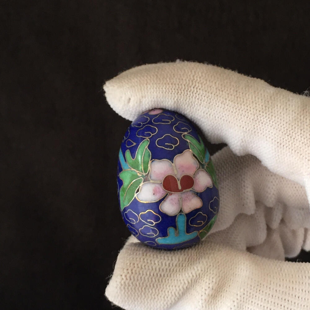         出口创汇时期蓝色铜胎掐丝珐琅磨光景泰蓝吉祥如意鸡蛋小摆件美品1对2只真品如图摆件旧藏文玩艺术收藏