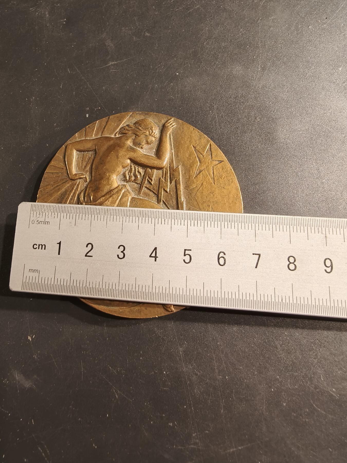 老王徽章第187期 法国电力行业总工会大铜章    原盒无盖    直径66mm    重量163.3g