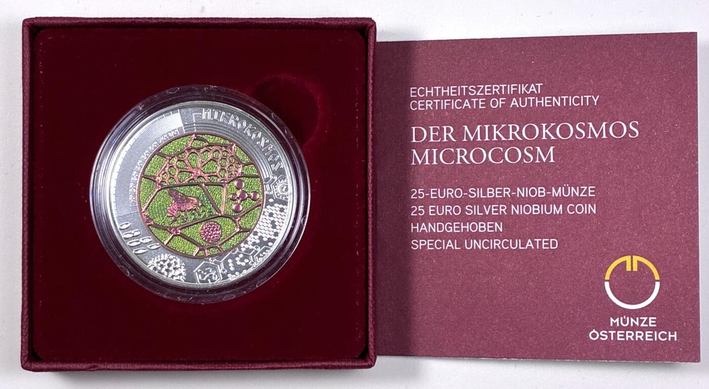 【雨安】【直播拍卖】【第0127期-裸币套币】2026-03-13 周五 19:30 (金价1140, 银价21.50) [现代装帧] Austria 欧元 奥地利 25欧元 2017年 微观世界 铌芯银币