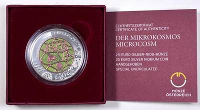 【雨安】【直播拍卖】【第0127期-裸币套币】2026-03-13 周五 19:30 (金价1140, 银价21.50) - [现代装帧] Austria 欧元 奥地利 25欧元 2017年 微观世界 铌芯银币