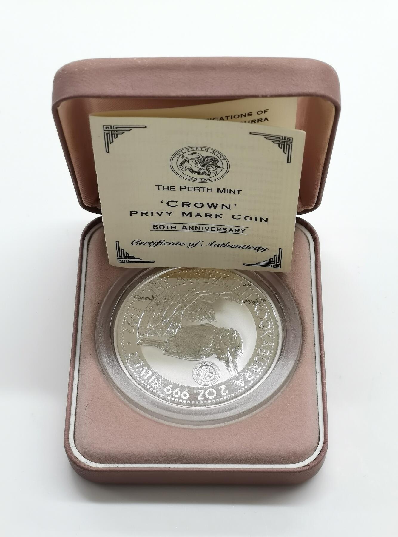 博洋堂世界钱币拍卖第164期（全场包邮） 澳大利亚1997年2元带私印普制银币 笑翠鸟（带皇冠私印） 2盎司999银 发行量：4千 盒证全