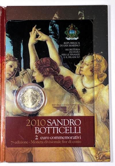【雨安】【直播拍卖】【第0127期-裸币套币】2026-03-13 周五 19:30 (金价1140, 银价21.50) - [现代装帧] San Marino 欧元 圣马力诺 2欧元 2010年 波提切利逝世500周年