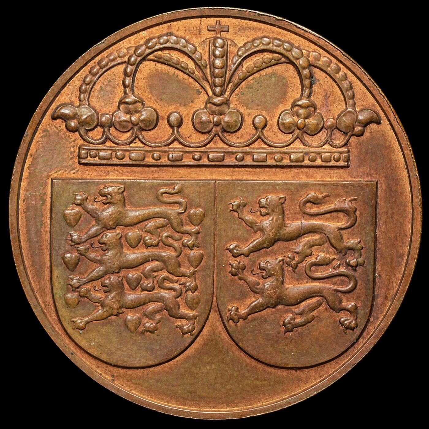 修遠堂世界钱币第107期 1920年石勒苏益格回归丹麦纪念铜章，50.14mm，69.80g