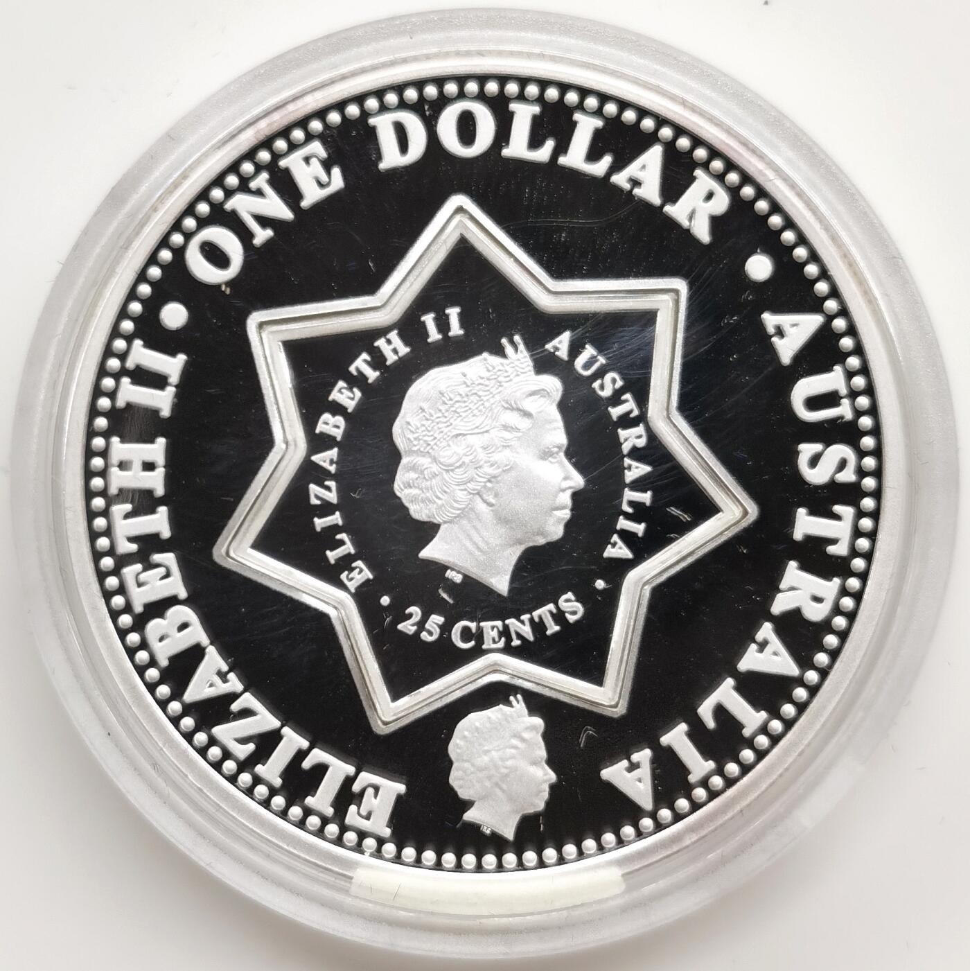 博洋堂世界钱币拍卖第164期（全场包邮） 澳大利亚2001年1元/25分子母银币 百年联邦（子币是七角形，象征澳大利亚的七个州）1盎司999银 发行量：3万 盒证全