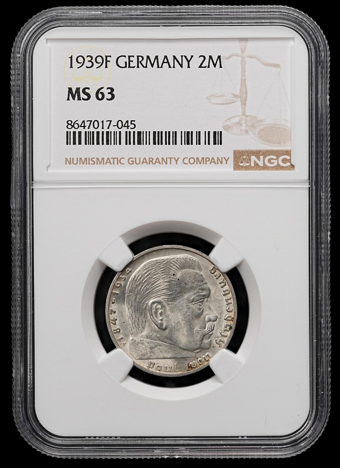 修遠堂世界钱币第107期 NGC MS63 1939年德国兴登堡2马克银币，F厂铭