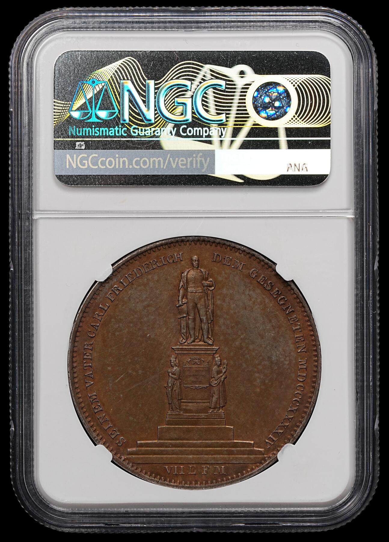 修遠堂世界钱币第107期 NGC MS62 1844年巴登-卡尔・弗里德里希纪念碑2泰勒大银币，重五彩包浆