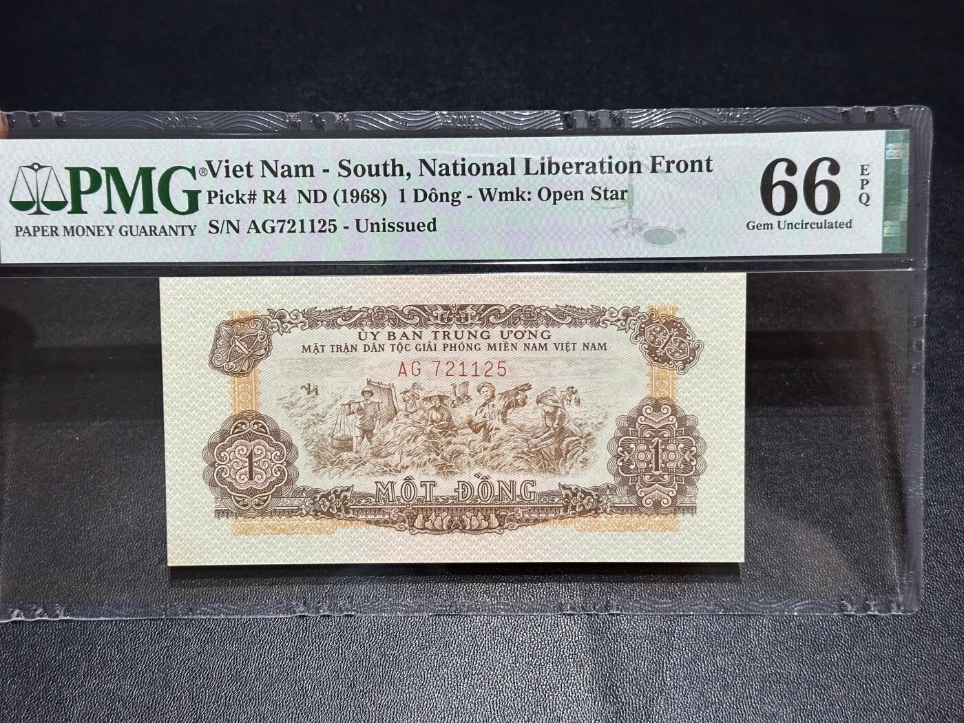 《外钞收藏家》第六百一十七期（精选场）（长期征集拍品、欢迎藏友们联系合作） 1968年南越1盾 PMG66