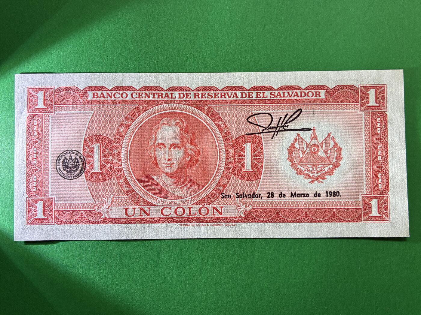 咖啡豆•收藏 2026年Mar_19th世界各国纸币拍卖 萨尔瓦多 1977年 1科朗 全新UNC 外国 美洲纸币 豹子号