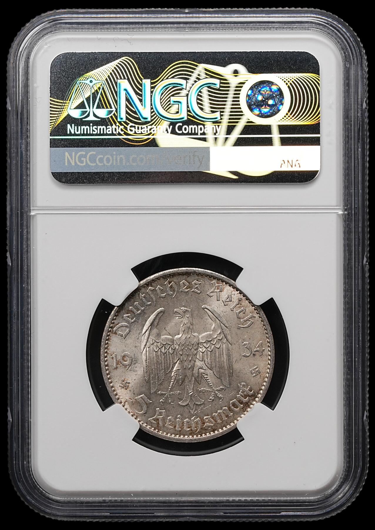 修遠堂世界钱币第107期 NGC MS63 1934年德国教堂5马克银币，少见加字版，A厂铭