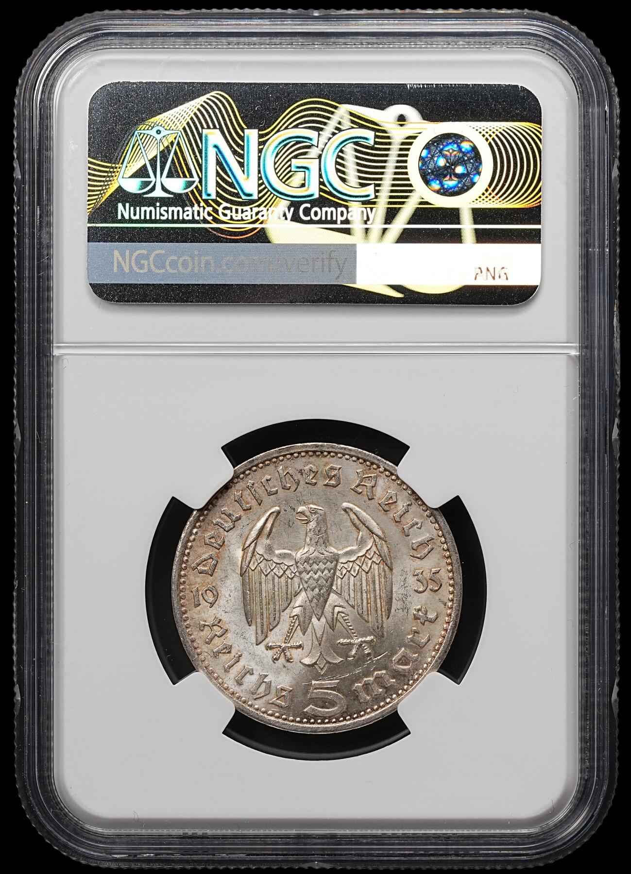 修遠堂世界钱币第107期 NGC MS63 1935年兴登堡5马克银币，E厂铭