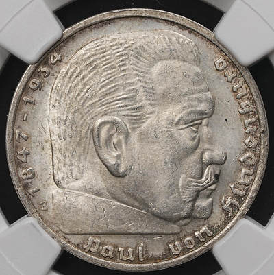 修遠堂世界钱币第107期 - NGC MS63 1935年兴登堡5马克银币，E厂铭