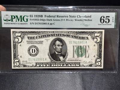 《外钞收藏家》第六百一十七期（精选场）（长期征集拍品、欢迎藏友们联系合作） - 1928年美国5美元 克利夫兰 PMG65