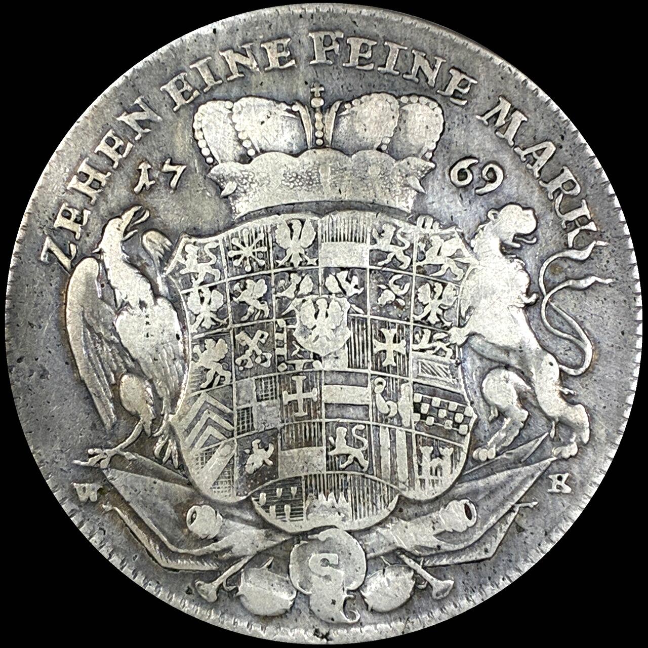 【雨安】【直播拍卖】【第0127期-裸币套币】2026-03-13 周五 19:30 (金价1140, 银价21.50) [裸币德国] Germany 德国 德意志 1泰勒 Brandenburg-Ansbach勃兰登堡-安斯巴赫 KM#0248.1 1769年G//S-WK