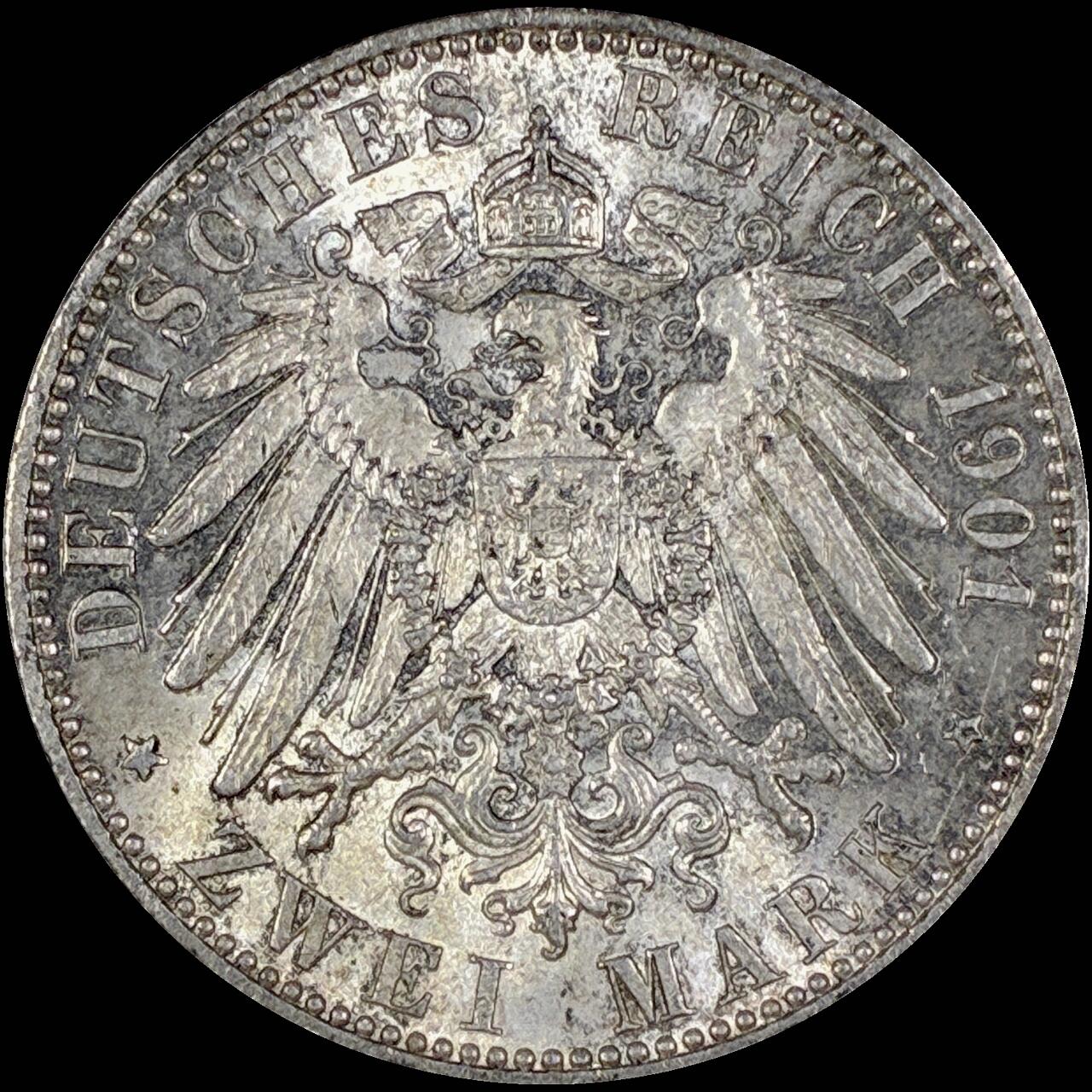 【雨安】【直播拍卖】【第0127期-裸币套币】2026-03-13 周五 19:30 (金价1140, 银价21.50) [裸币德国] Germany 德国 帝国 J.105 普鲁士 2马克 (1901) 建国 1901年