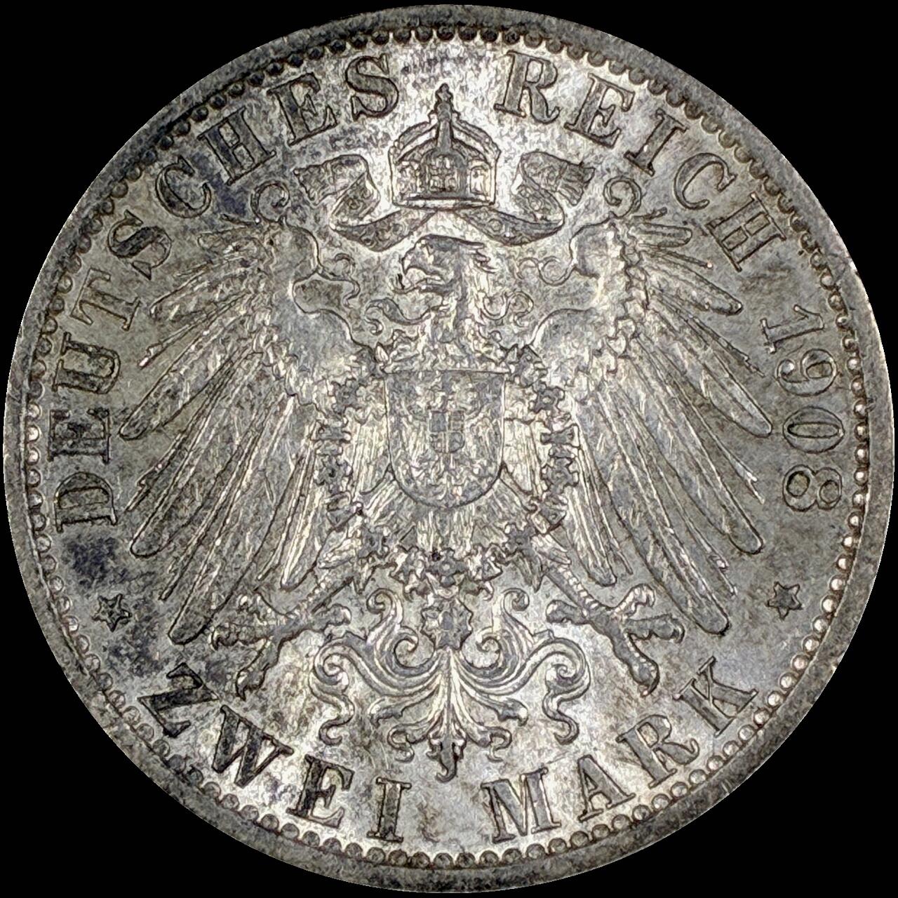 【雨安】【直播拍卖】【第0127期-裸币套币】2026-03-13 周五 19:30 (金价1140, 银价21.50) [裸币德国] Germany 德国 帝国 普鲁士 2马克 (1891-1912) 威廉二世 1908年