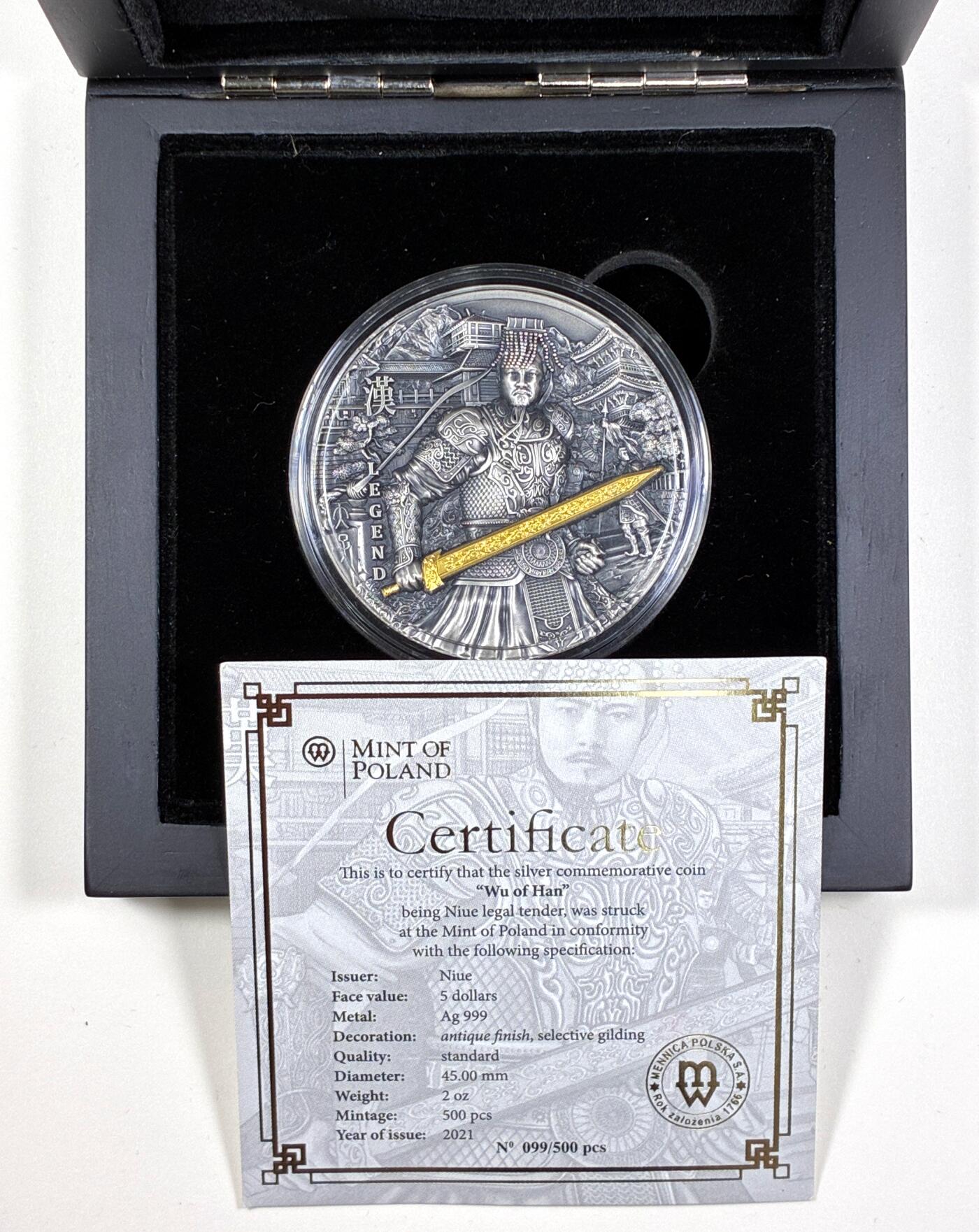 【雨安】【直播拍卖】【第0127期-裸币套币】2026-03-13 周五 19:30 (金价1140, 银价21.50) [现代装帧] Niue 纽埃 5元 2021年 汉 复古 [发行量500][62.20克,  0.999银] 编号099/500