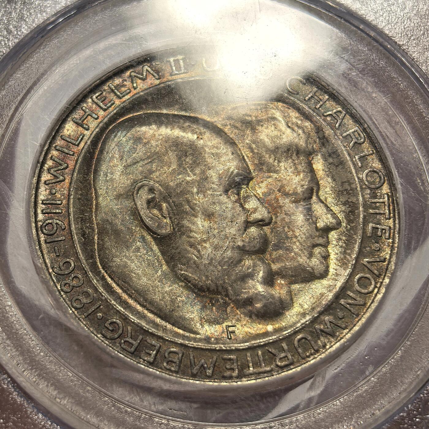 博洋堂世界钱币拍卖第164期（全场包邮） PCGS MS66 德国符腾堡1911年银婚纪念3马克银币，背面极美环五彩包浆