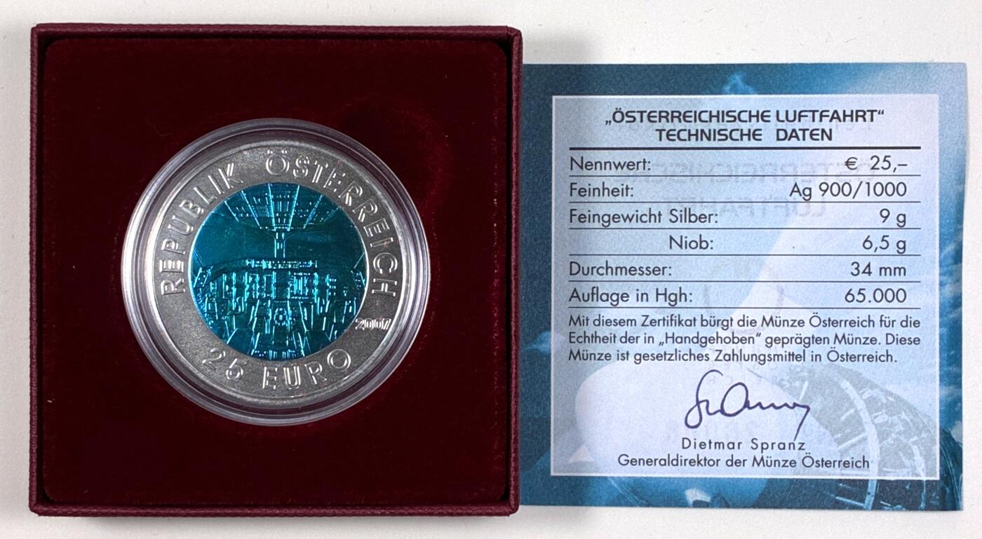 【雨安】【直播拍卖】【第0127期-裸币套币】2026-03-13 周五 19:30 (金价1140, 银价21.50) [现代装帧] Austria 欧元 奥地利 25欧元 2007年 欧洲航空先驱 铌芯银币