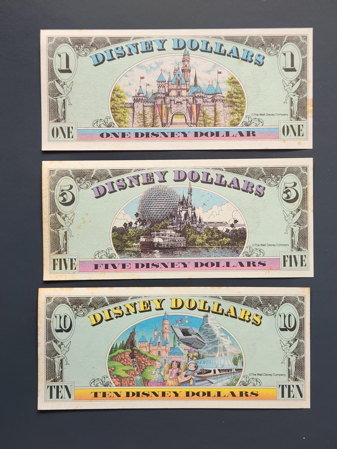 3月14号晚上8点 外国纸币自动截拍第38场 迪士尼1991年1-5-10元 原票一套