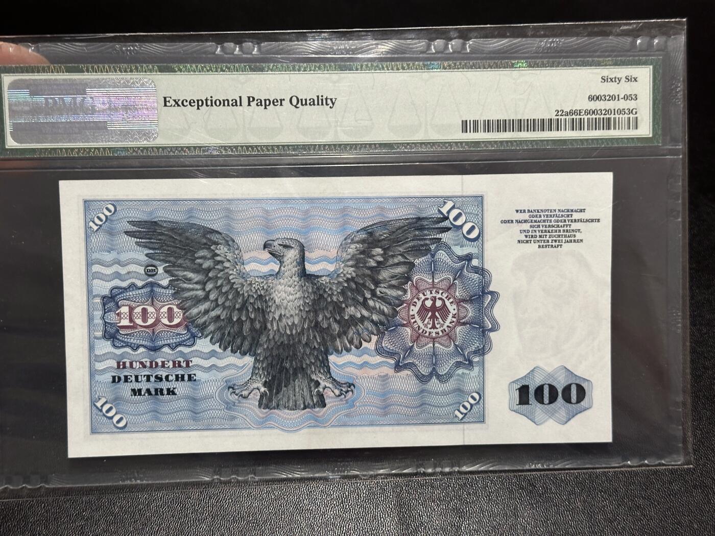 《外钞收藏家》第六百一十七期（精选场）（长期征集拍品、欢迎藏友们联系合作） 1960年德国100马克 明斯克 初版 PMG66